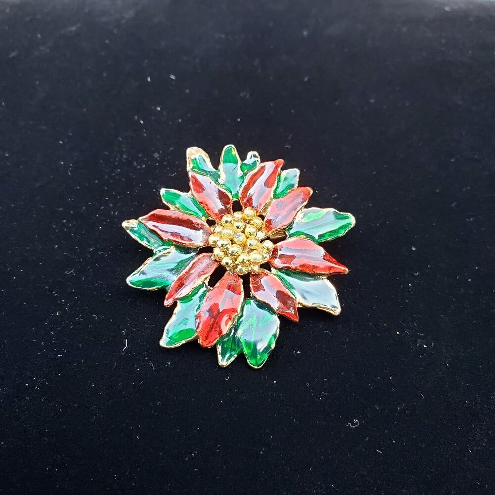 Vintage Poinsettia Flower Christmas Enameled Brooch Pin